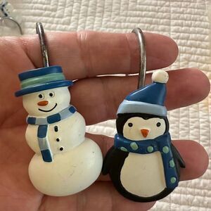 Holiday Shower Curtain Hooks Penguins Snowmen Set of 12